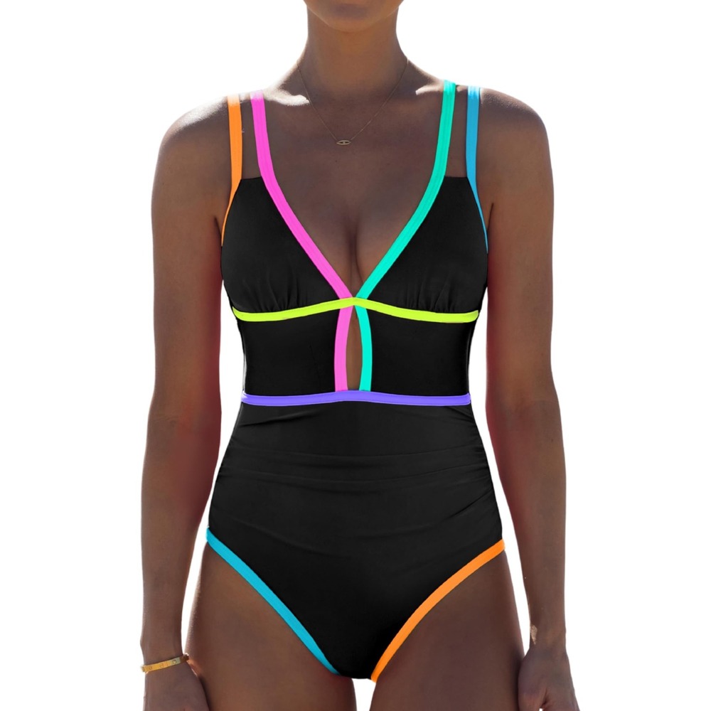 NWT Popvil One Piece Swimsuit Black Neon Color Block Cutout Tummy Control Medium